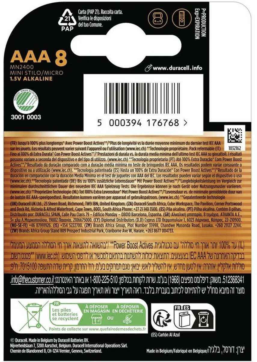 Duracell Alkaline AAA Batterijen - 8 Stuks