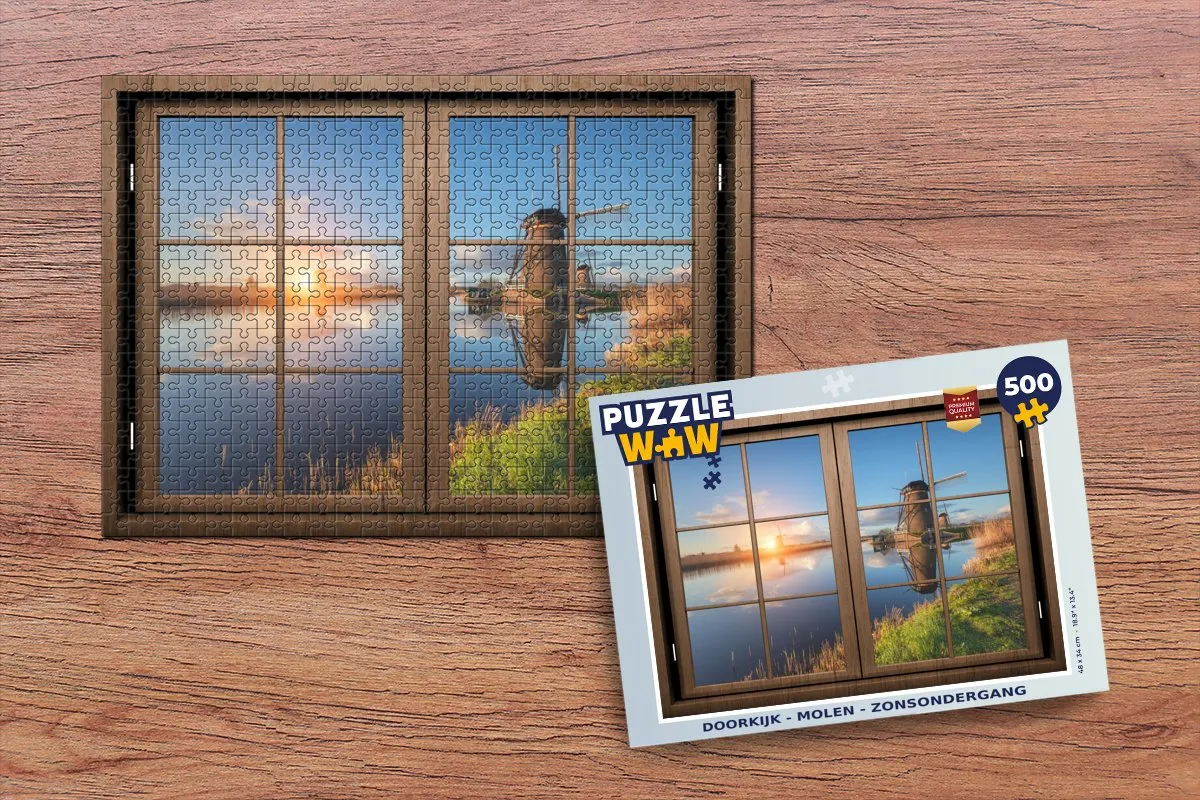 PuzzleWow Doorkijk Molen Zonsondergang Legpuzzel 500 Stuks - Multicolor