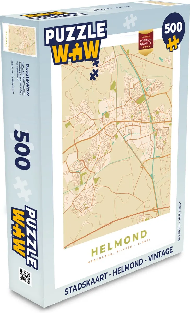 PuzzleWow Stadskaart Helmond Vintage Legpuzzel 500 Stuks - Multicolor