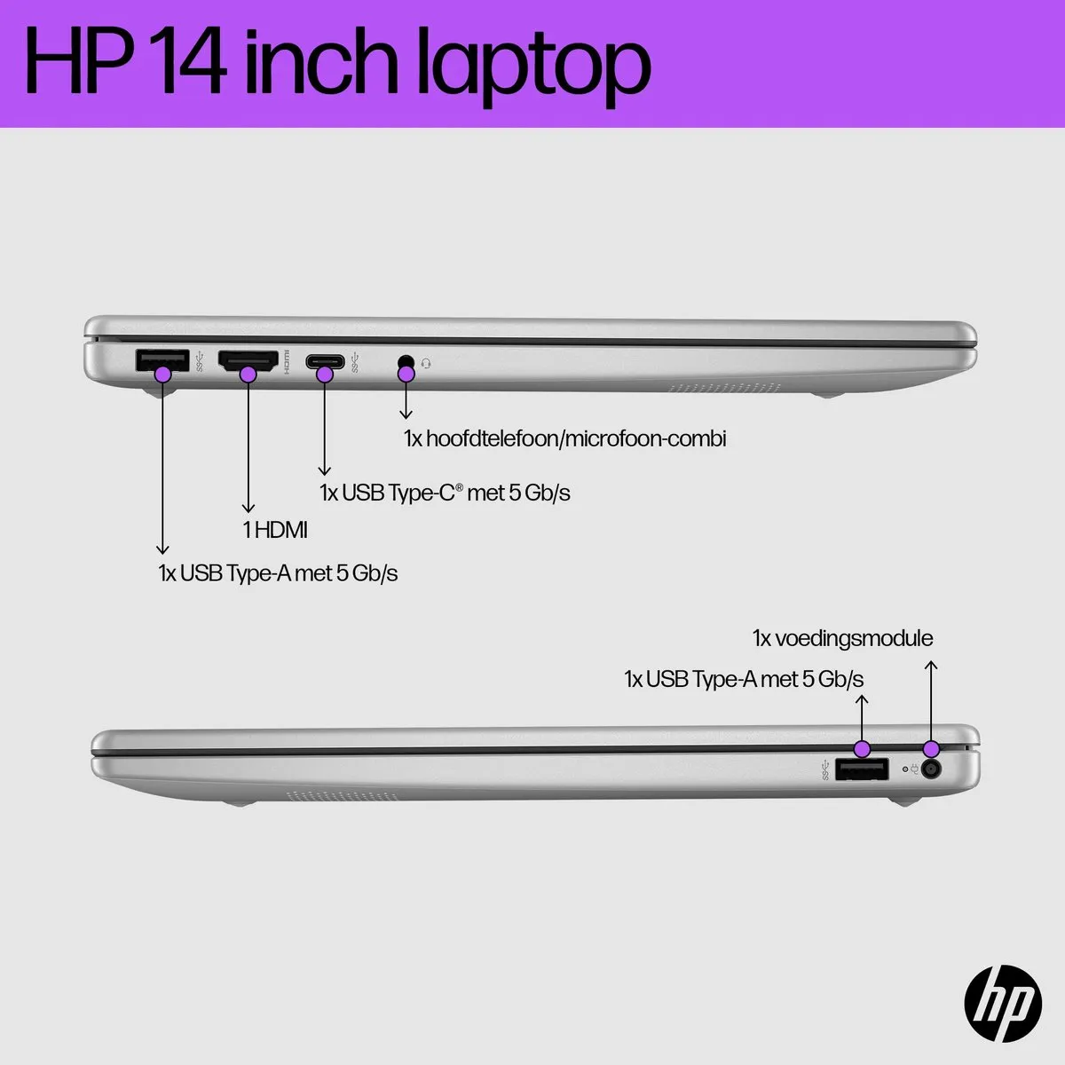 HP Laptop 14-em0015nd Ryzen 5 7520U - 14" Full HD - 8GB RAM - 512GB SSD - Zilver