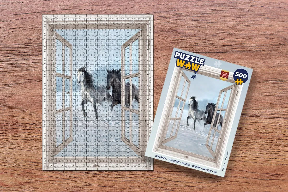 PuzzleWow Doorkijk Paarden Winter Legpuzzel 500 Stuks - Wit