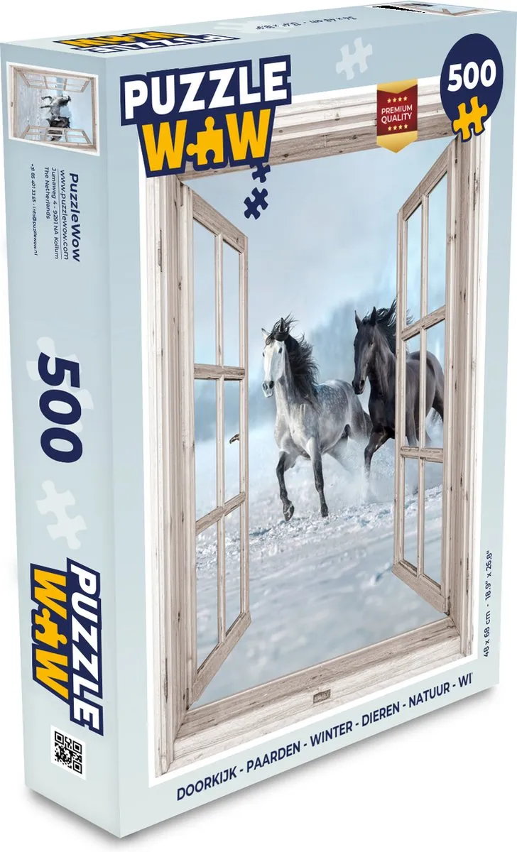 PuzzleWow Doorkijk Paarden Winter Legpuzzel 500 Stuks - Wit