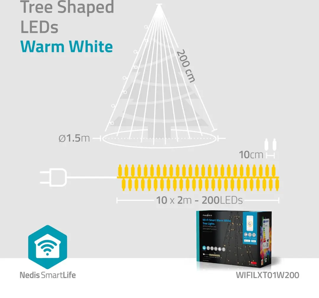 Nedis SmartLife Kerstverlichting Boom 200 LED - 20m - Warm Wit - Zwart - afbeelding 4 van 6