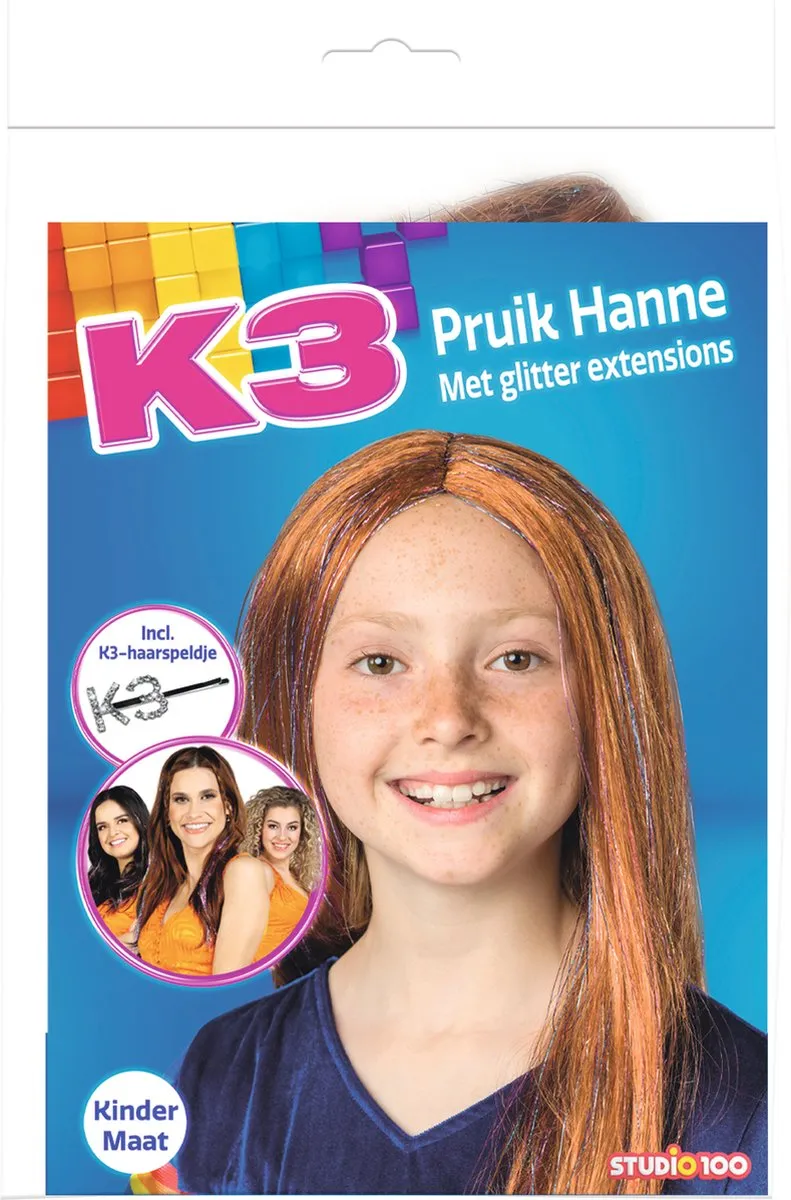 K3 verkleedaccessoire - pruik Hanne - met glitter extensions en speld