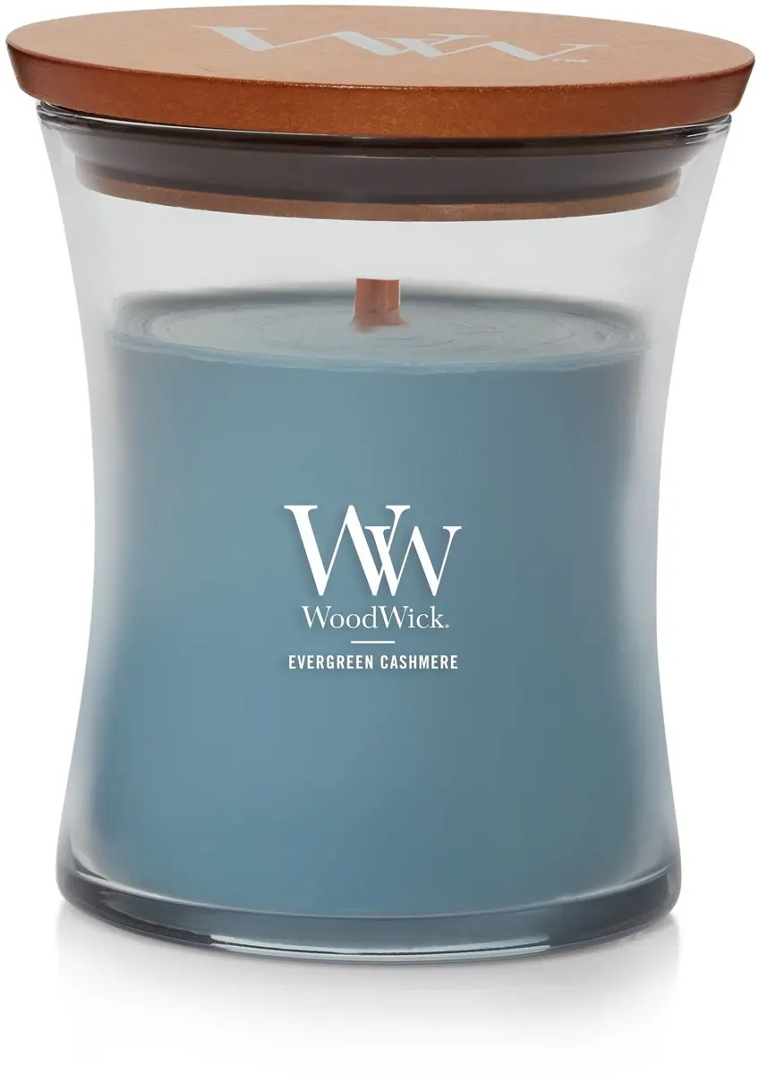 Woodwick Hourglass Geurkaars - Evergreen Cashmere 60 uur - Blauw - afbeelding 2 van 2