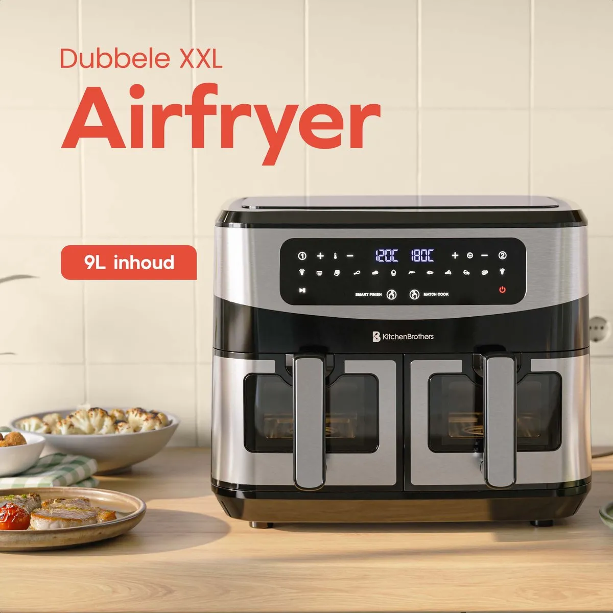 KitchenBrothers Dubbele Airfryer 2400W 9L - 10 Programma's - Dual Zone - RVS/Zwart