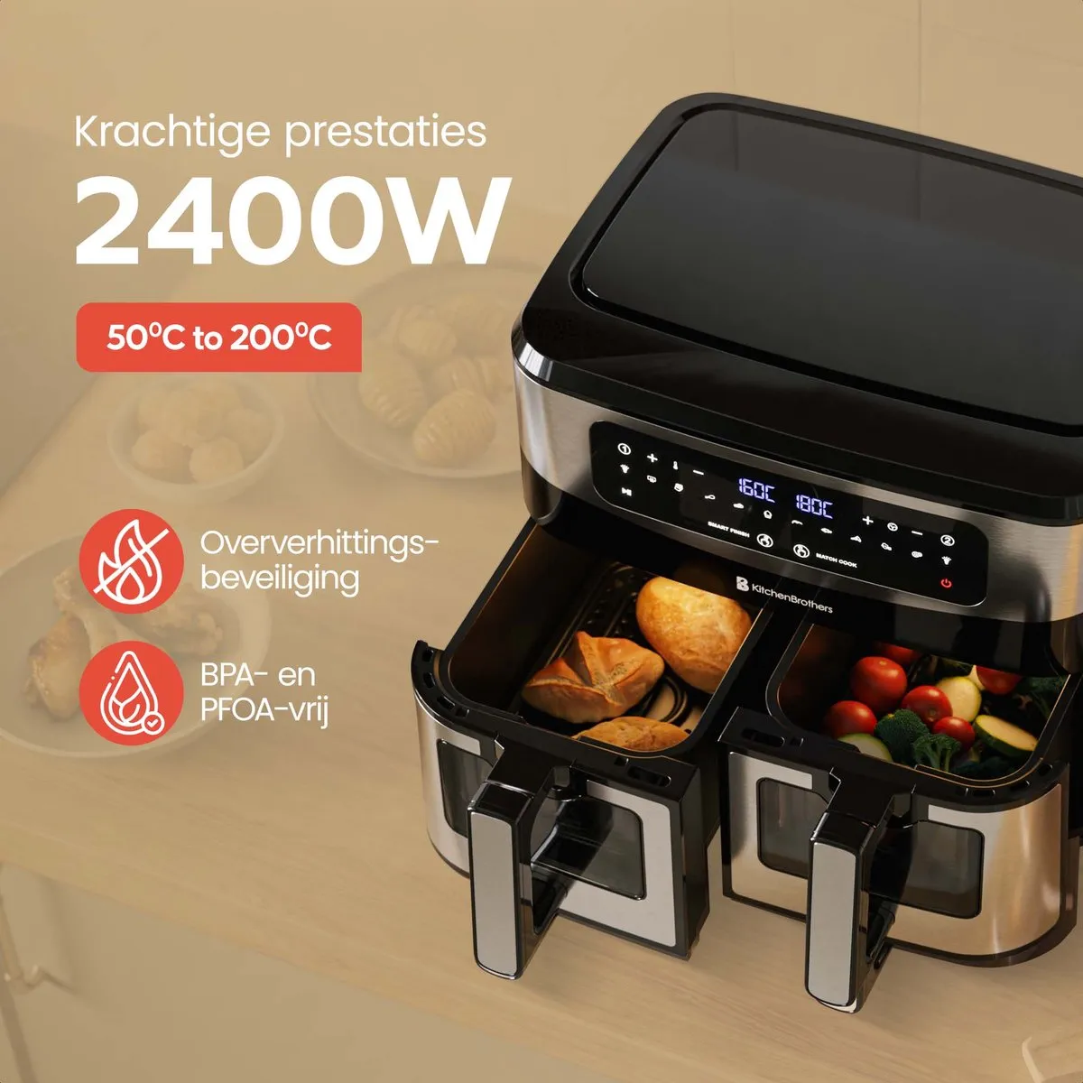 KitchenBrothers Dubbele Airfryer 2400W 9L - 10 Programma's - Dual Zone - RVS/Zwart