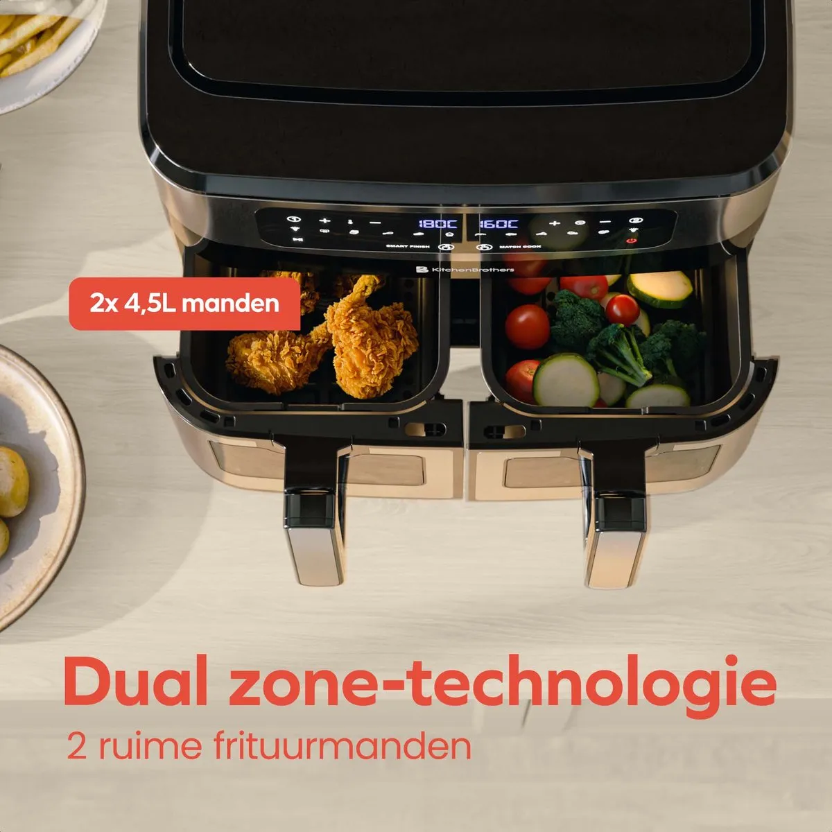KitchenBrothers Dubbele Airfryer 2400W 9L - 10 Programma's - Dual Zone - RVS/Zwart