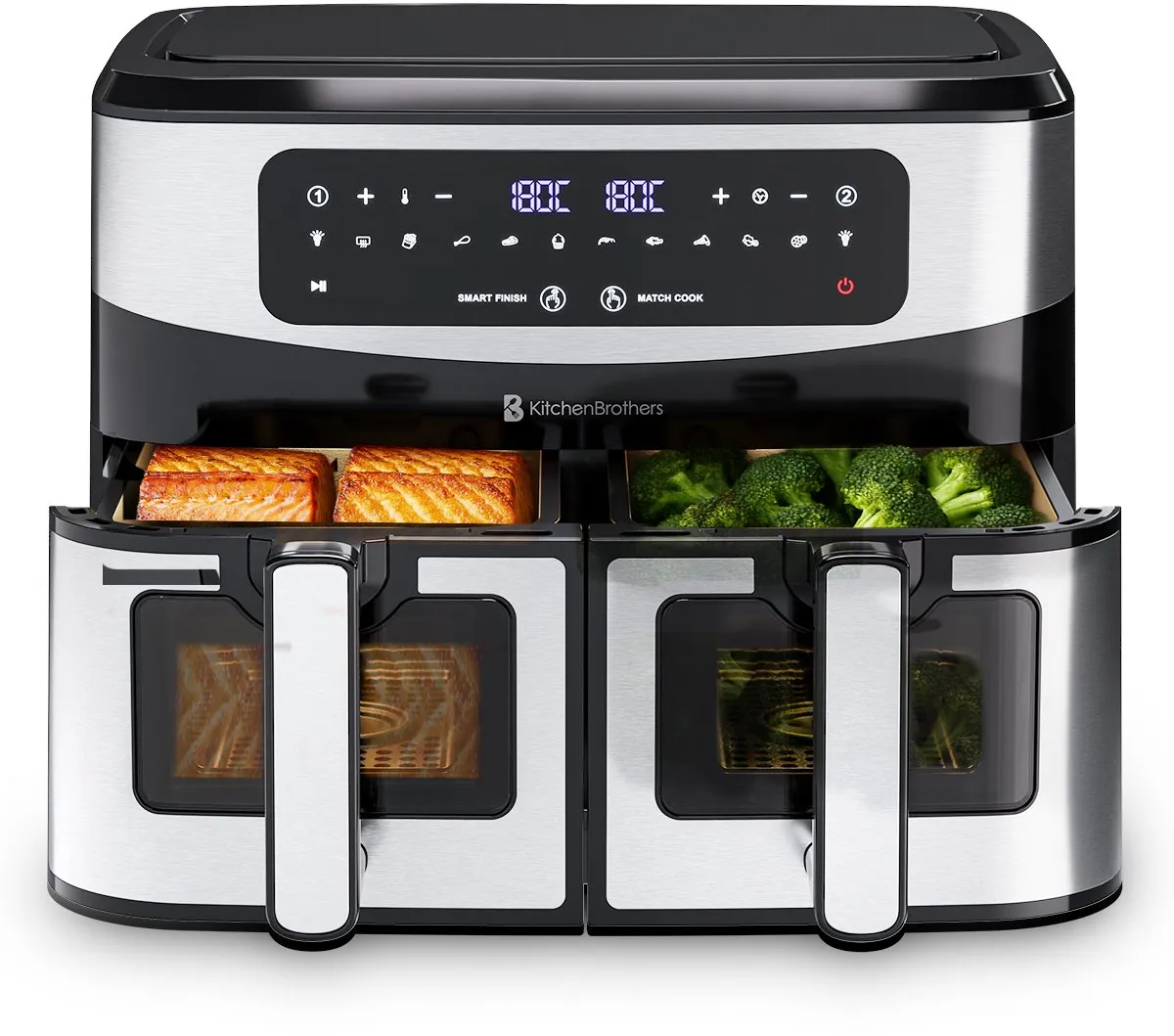 KitchenBrothers Dubbele Airfryer 2400W 9L - 10 Programma's - Dual Zone - RVS/Zwart