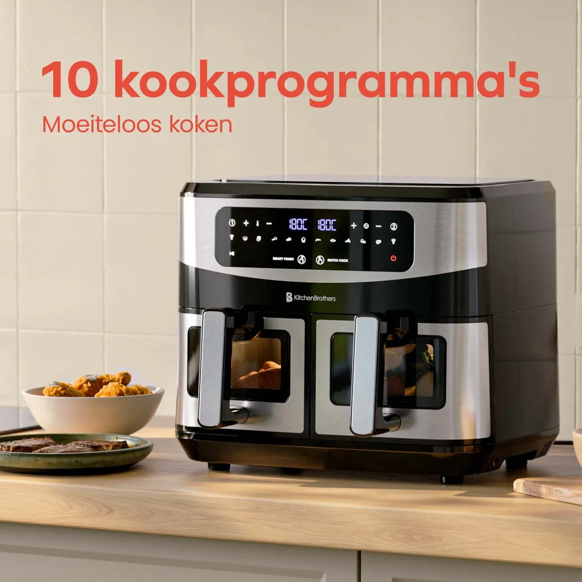 KitchenBrothers Dubbele Airfryer 2400W 9L - 10 Programma's - Dual Zone - RVS/Zwart