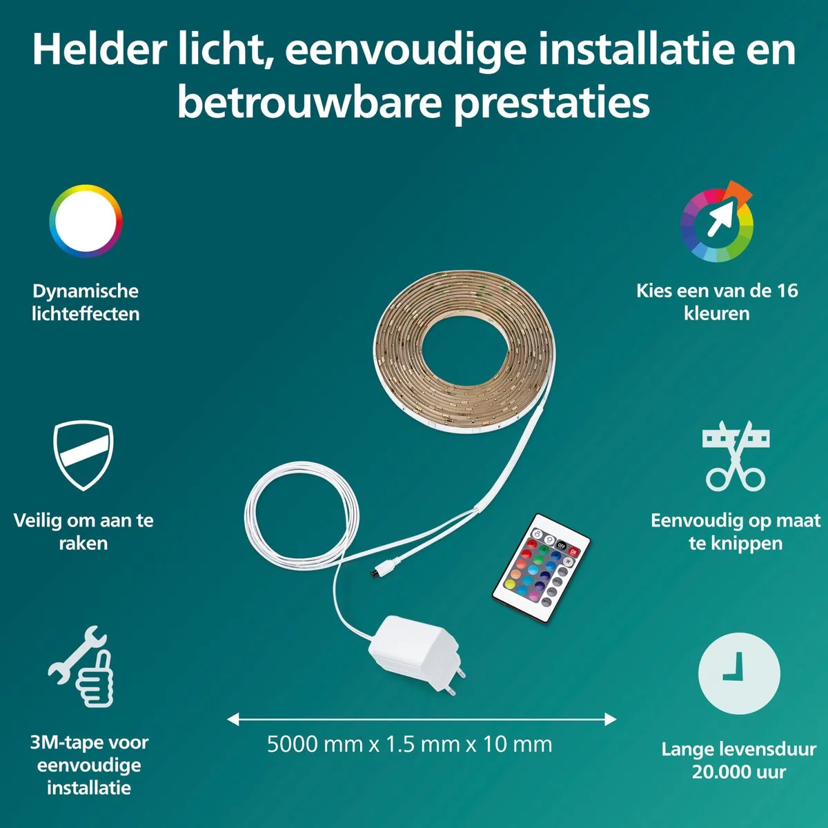 Philips LED RGB Lichtstrip 5m - Knipbaar met 3M plakstrip