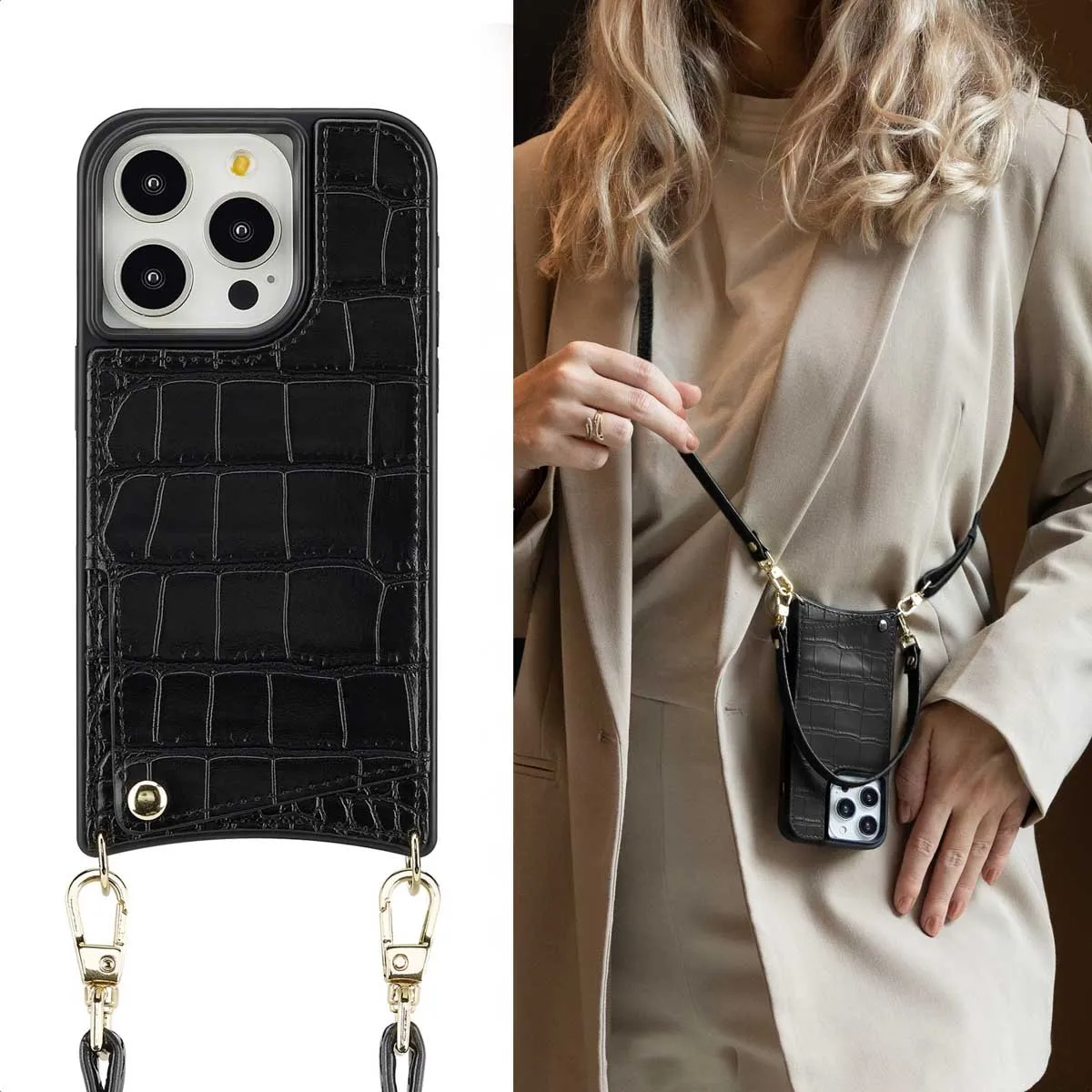 Selencia Croco Backcover iPhone 15 Pro - 2 Pasjes - Zwart