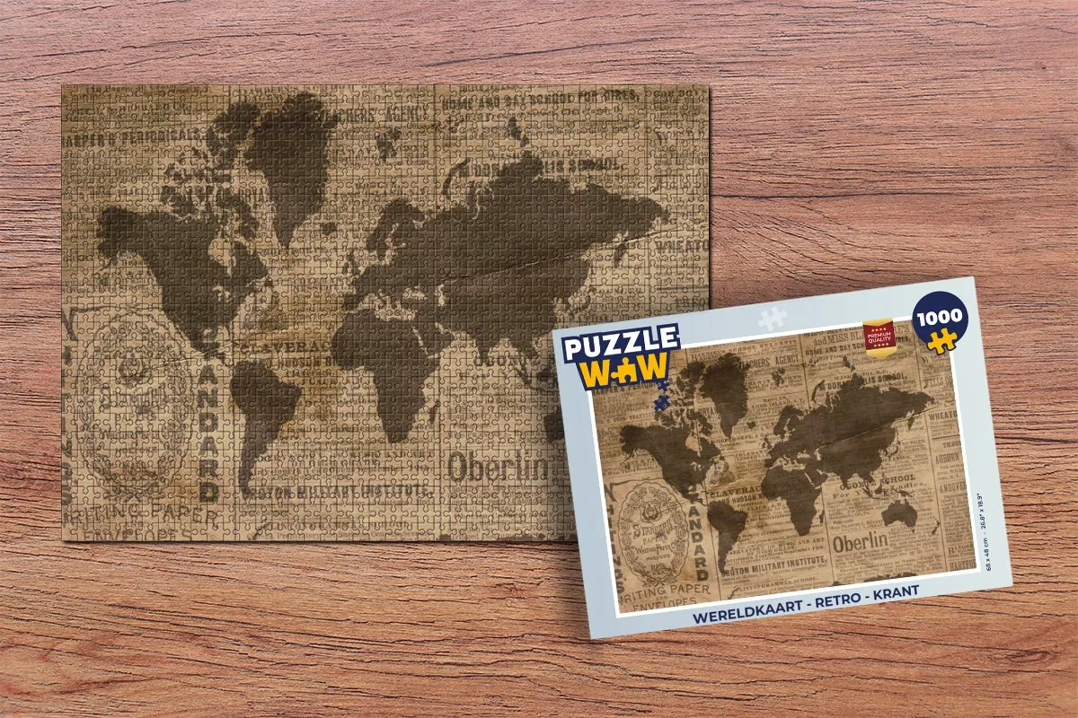 PuzzleWow Wereldkaart Retro Krant Legpuzzel 1000 Stuks - Multicolor