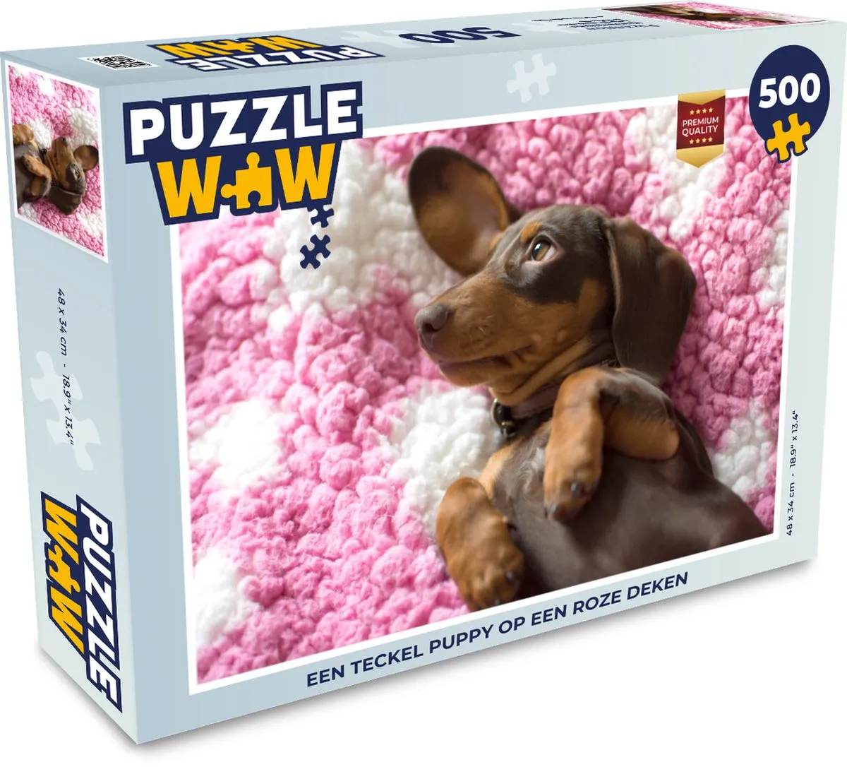 PuzzleWow Legpuzzel Een Teckel puppy op een roze deken 500 Stuks - Multicolor