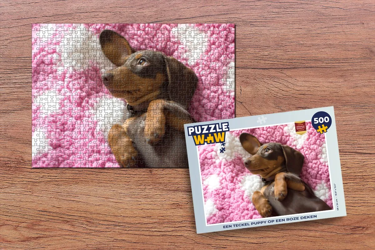 PuzzleWow Legpuzzel Een Teckel puppy op een roze deken 500 Stuks - Multicolor