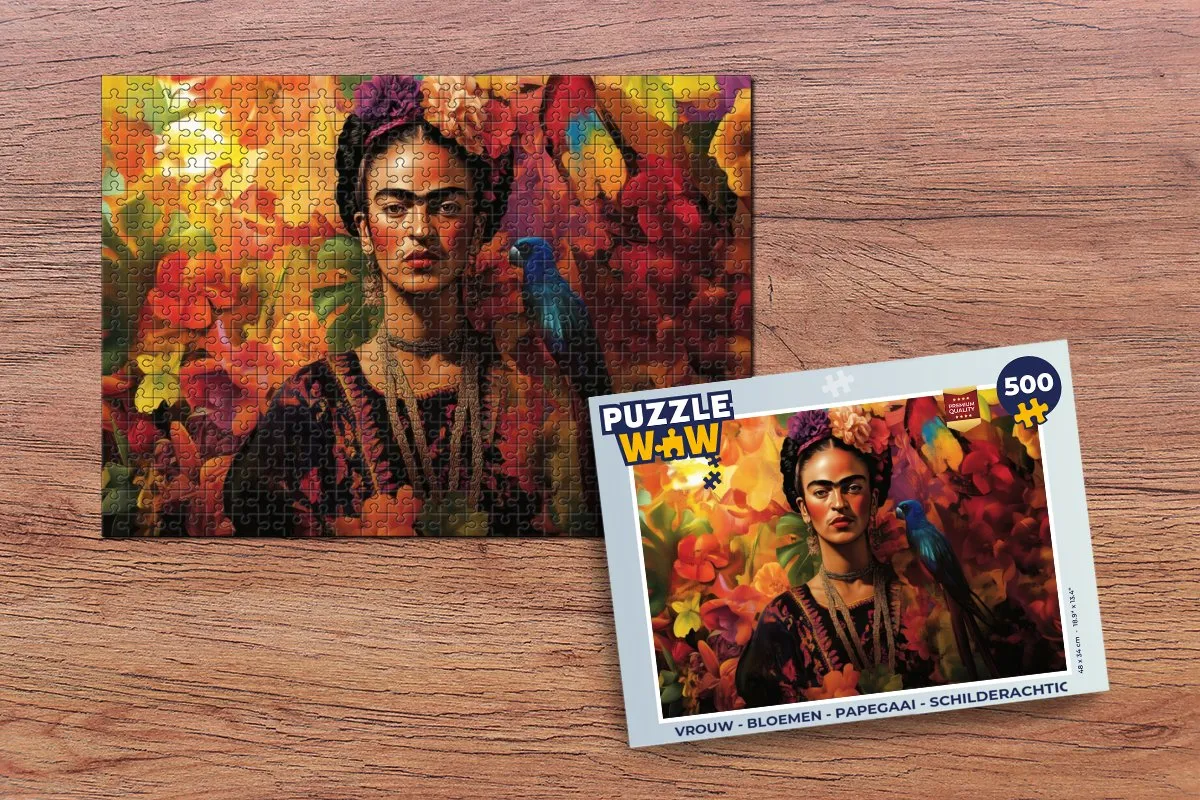 PuzzleWow Legpuzzel 500 Stuks - Schilderachtig Vrouw Bloemen Papegaai