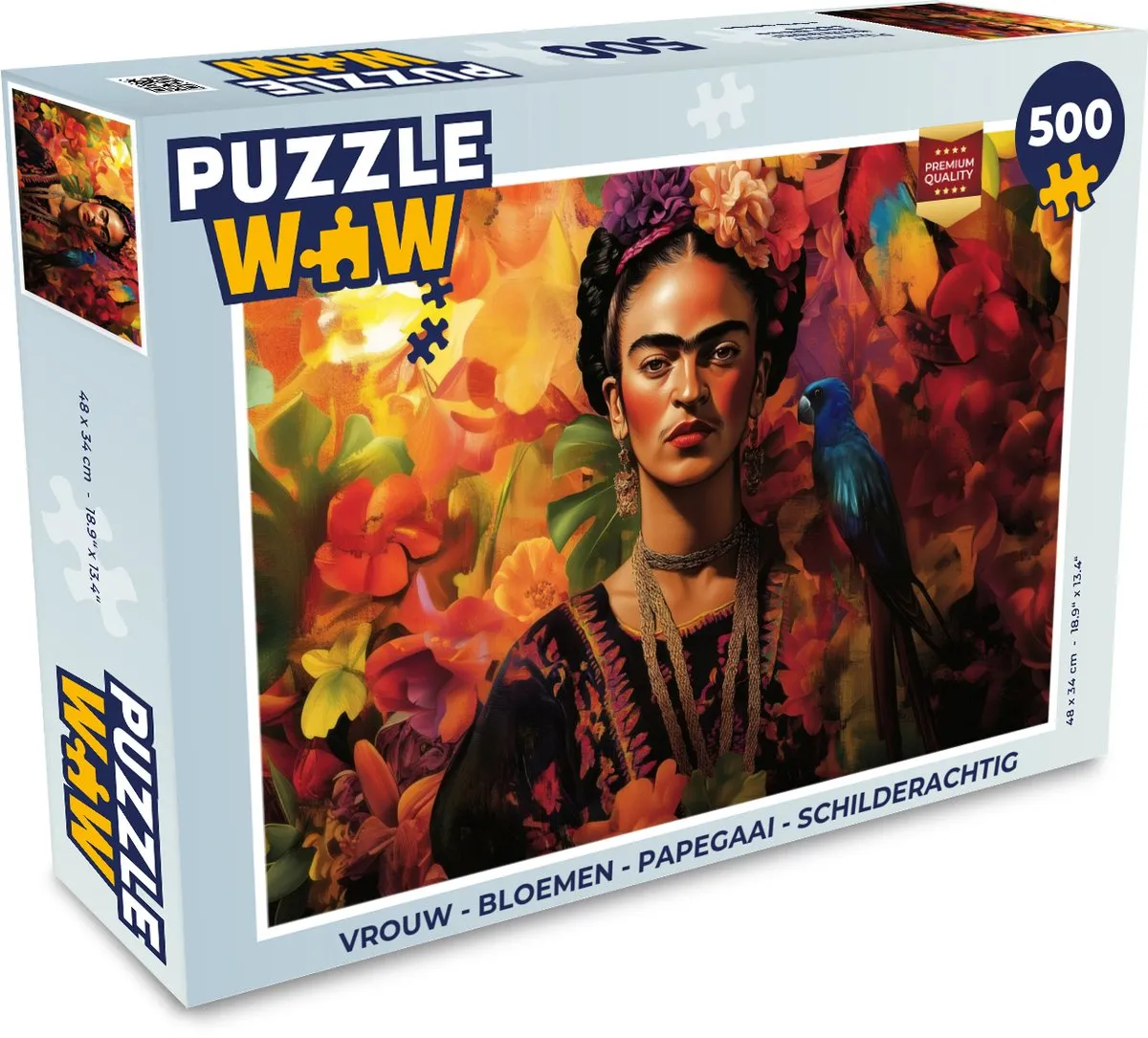 PuzzleWow Legpuzzel 500 Stuks - Schilderachtig Vrouw Bloemen Papegaai