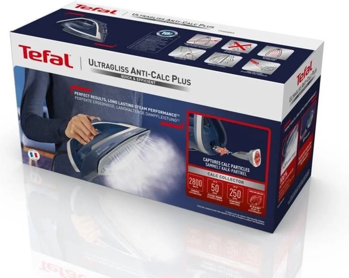 Tefal Ultragliss Anti-Calc Plus FV6830 Stoomstrijkijzer - 2800W - 270ml - Blauw/Zilver - afbeelding 6 van 6