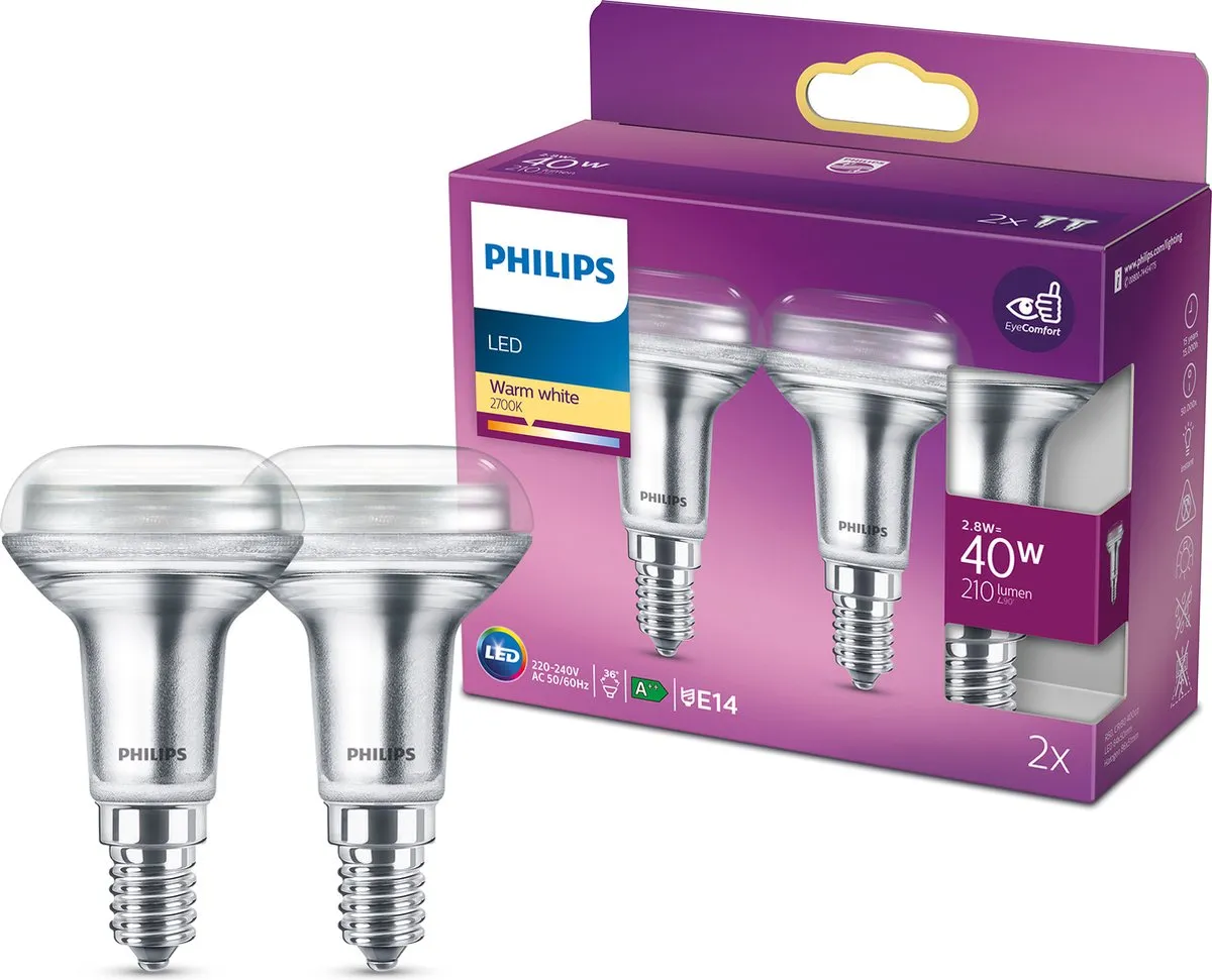 Philips LED Reflector 2.8W E14 Warmwit - 2 Stuks