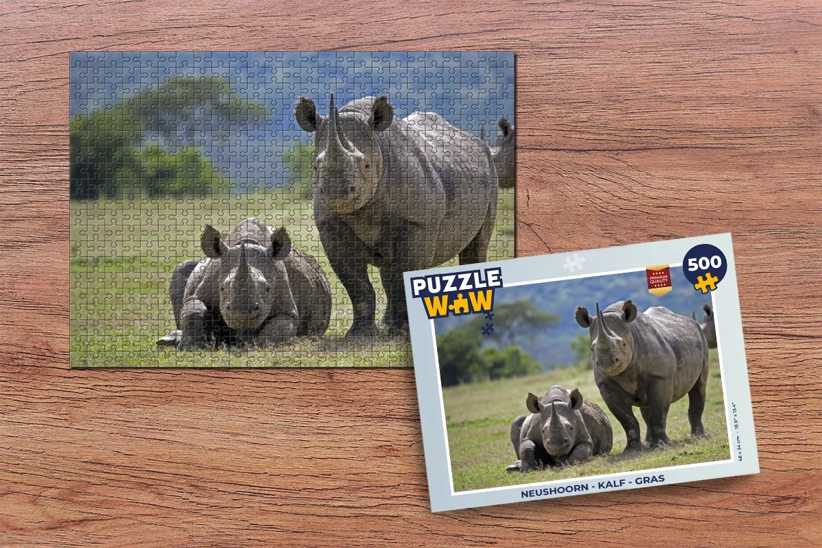 PuzzleWow Neushoorn Kalf Gras Legpuzzel 500 Stuks - Multicolor