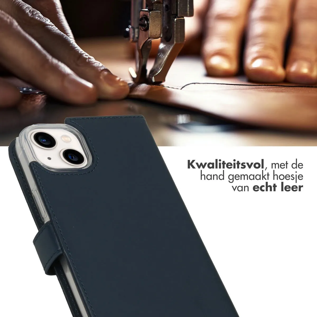 Selencia Hoesje iPhone 14 Plus Echt Lederen Bookcase Blauw - 3 Pasjes