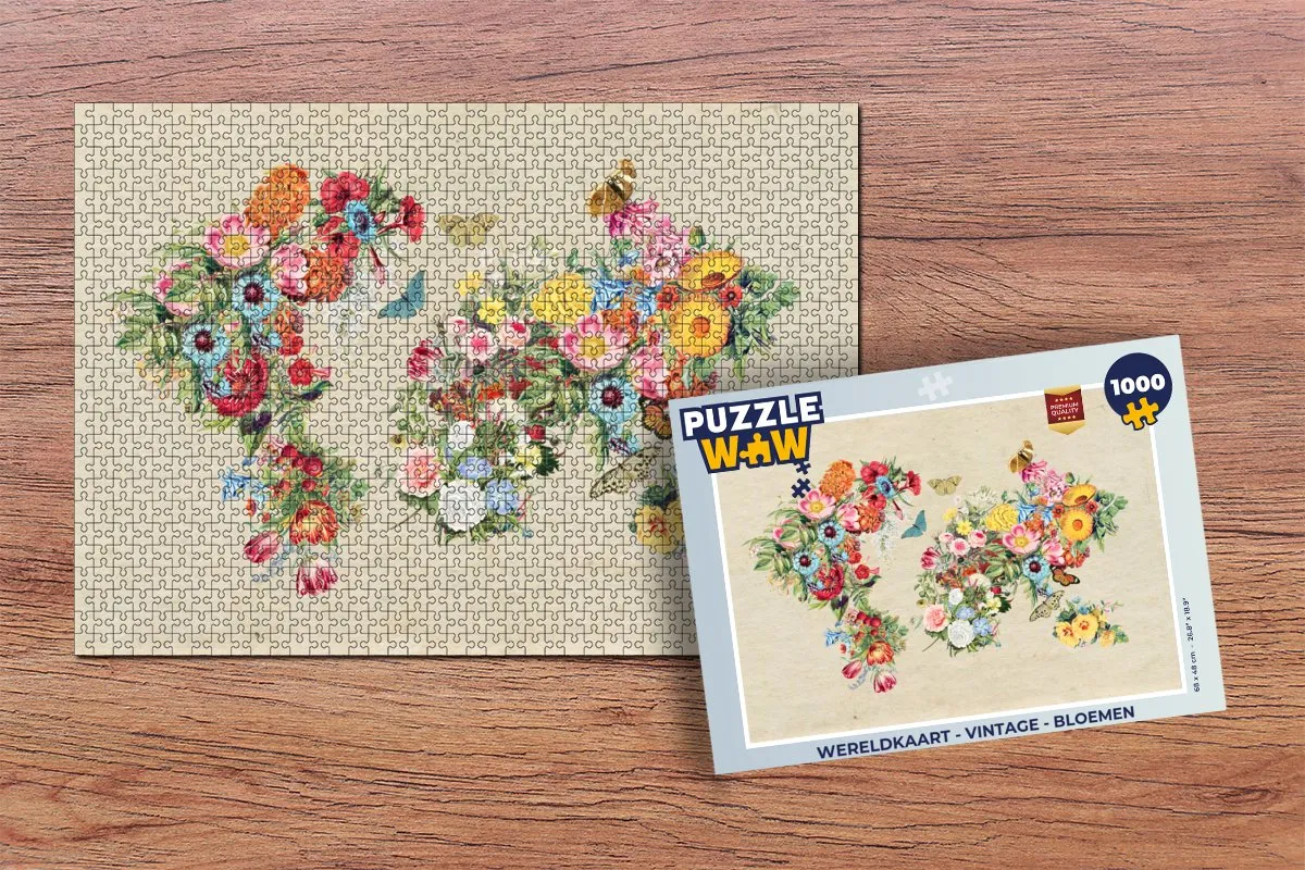PuzzleWow Wereldkaart Vintage Bloemen Legpuzzel 1000 Stuks - Multicolor