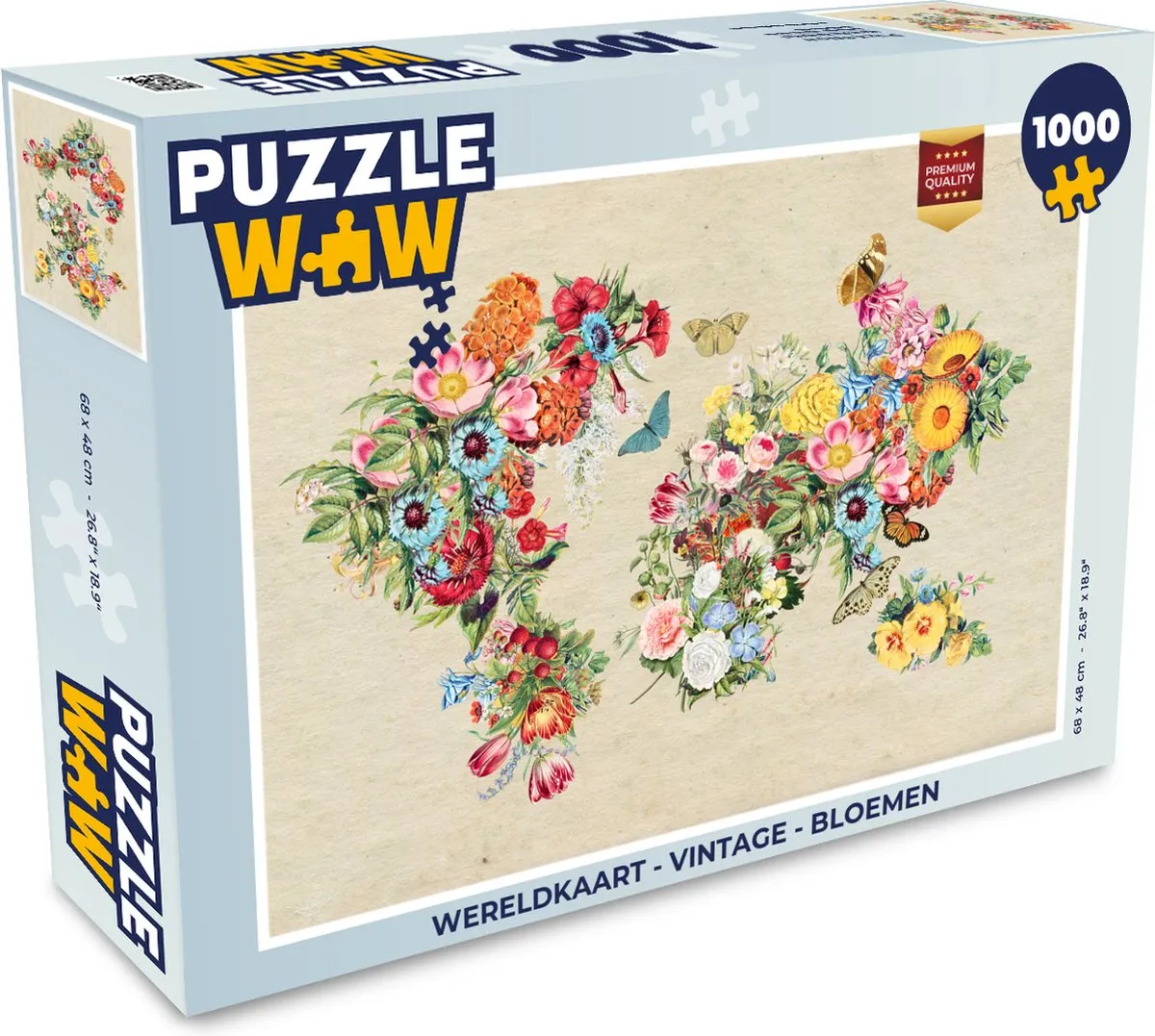 PuzzleWow Wereldkaart Vintage Bloemen Legpuzzel 1000 Stuks - Multicolor