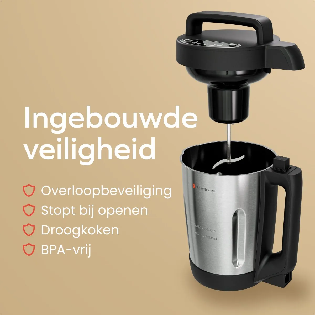KitchenBrothers Soepmaker 1.6L - 800W - 5 Programma's - RVS/Zwart