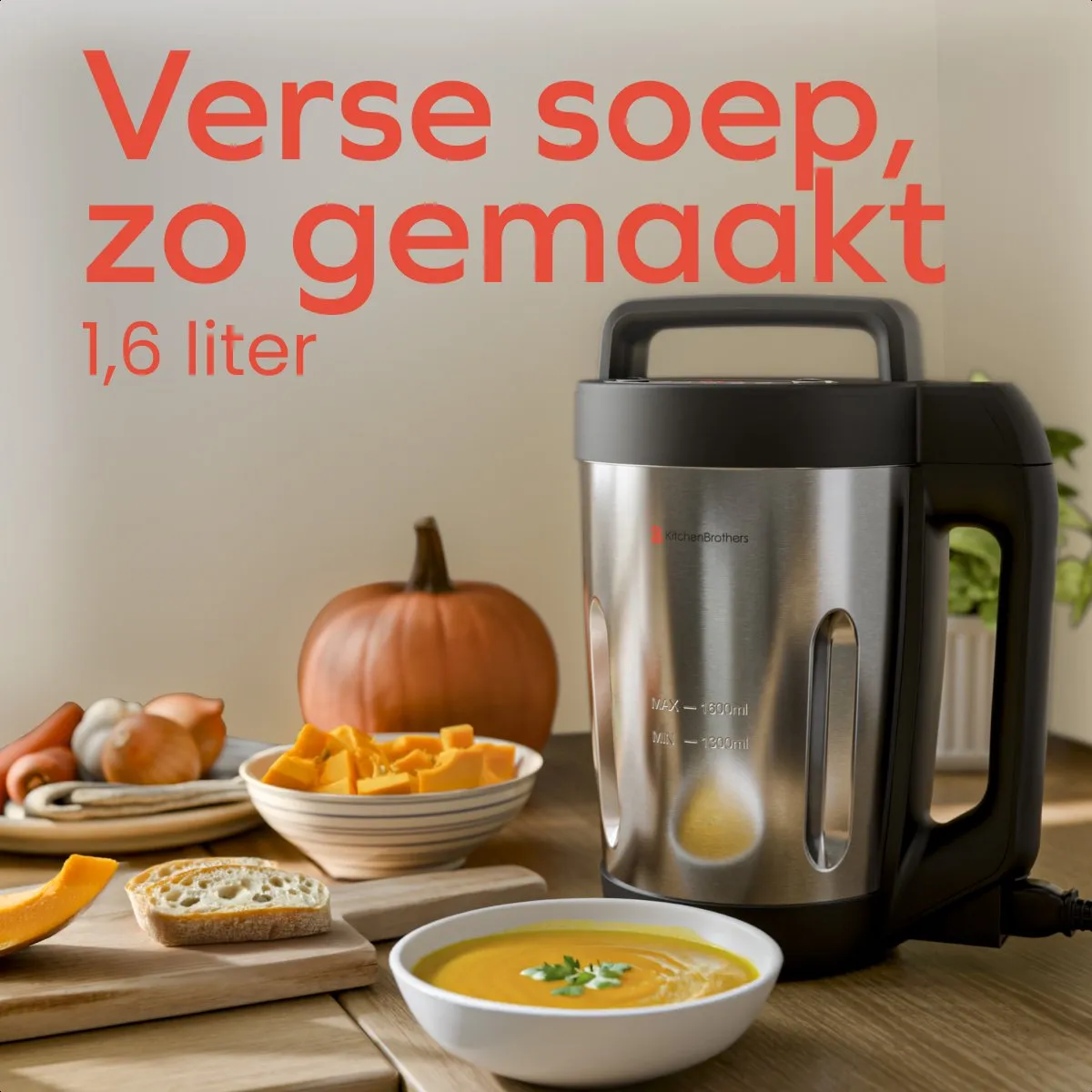 KitchenBrothers Soepmaker 1.6L - 800W - 5 Programma's - RVS/Zwart