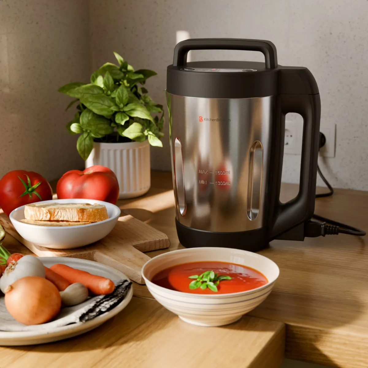 KitchenBrothers Soepmaker 1.6L - 800W - 5 Programma's - RVS/Zwart