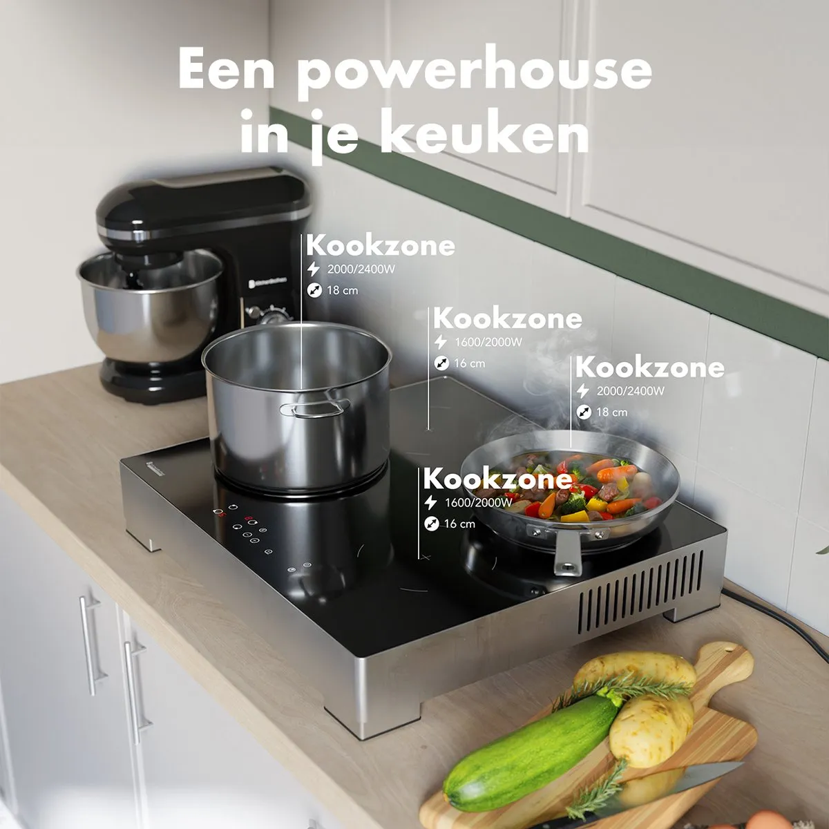 KitchenBrothers KB4057 Inductieplaat 60cm - 4 Zones - 2400W - Zilver