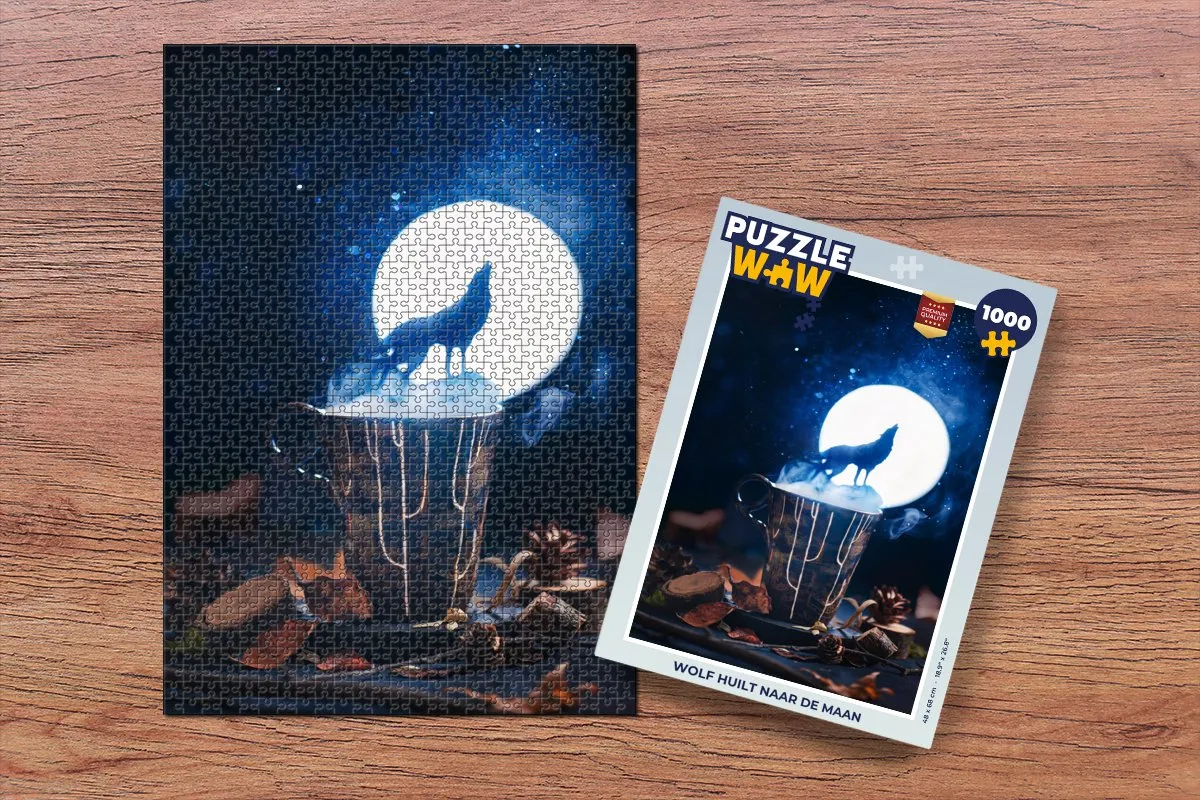 PuzzleWow Wolf huilt naar de maan Legpuzzel 1000 Stuks - Multicolor