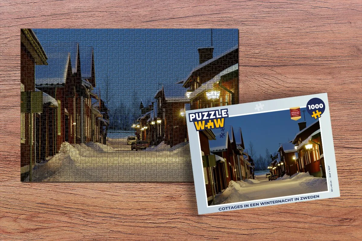 PuzzleWow Cottages in een Winternacht Zweden Legpuzzel 1000 Stuks - Multicolor