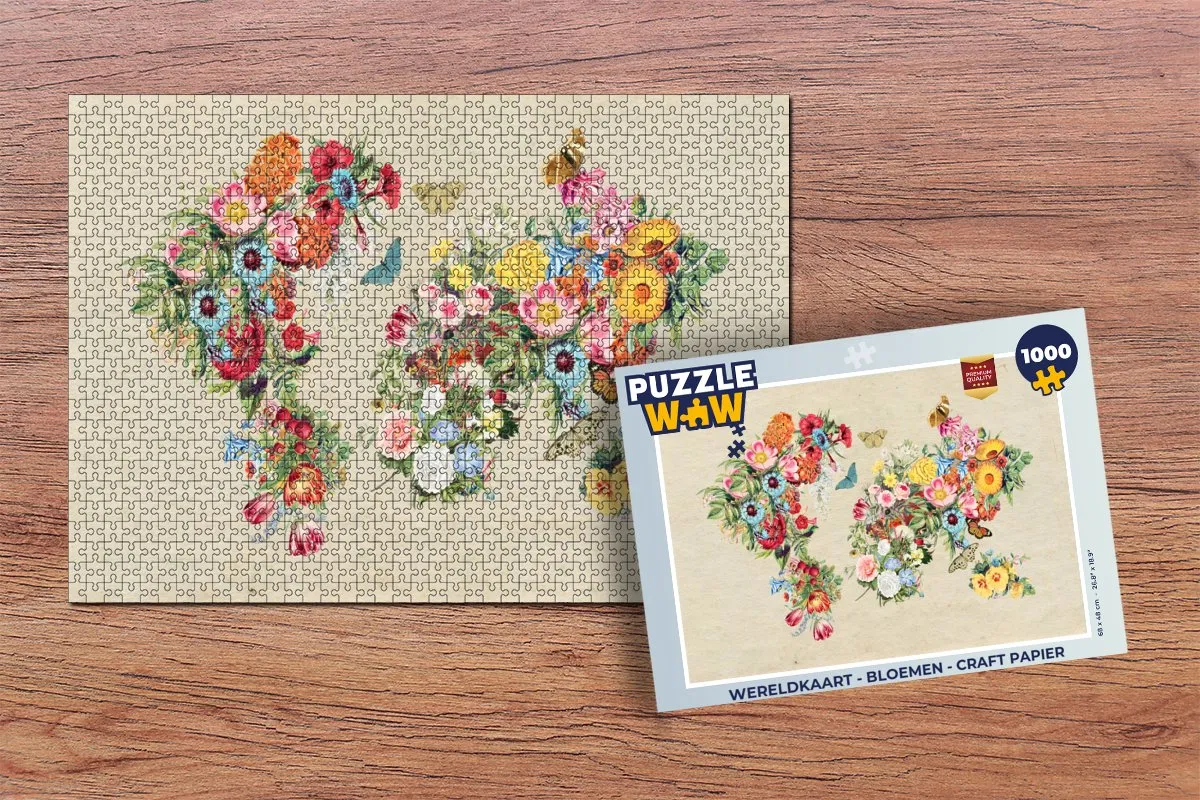 PuzzleWow Wereldkaart Bloemen Legpuzzel 1000 Stuks - Multicolor