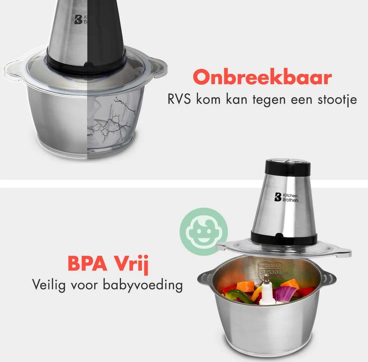 KitchenBrothers Hakmolen KB676 - 300W - 2 Snelheden - 1,8L RVS
