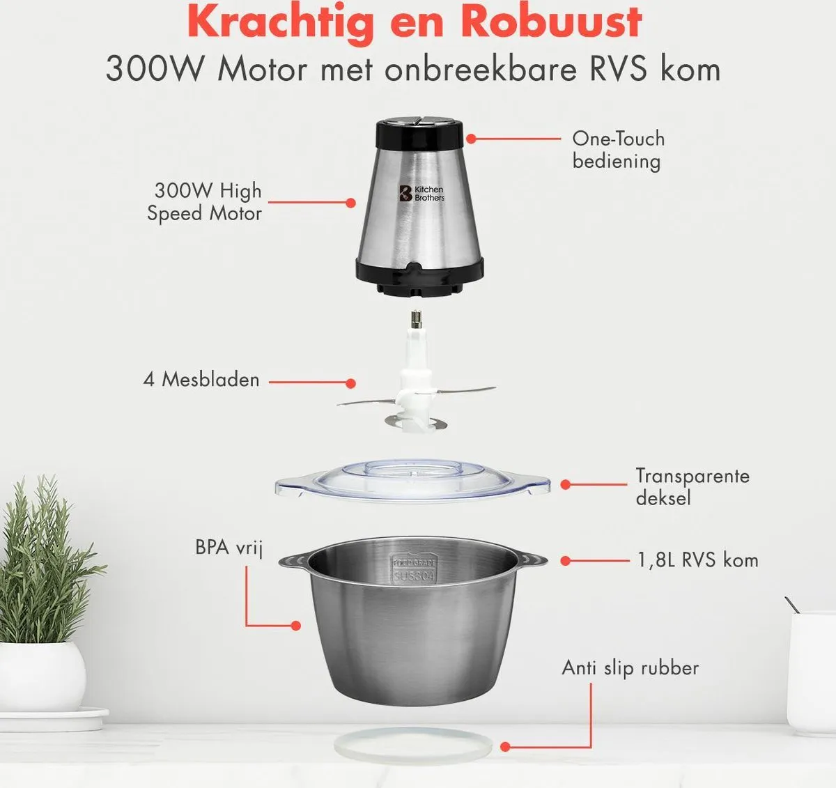 KitchenBrothers Hakmolen KB676 - 300W - 2 Snelheden - 1,8L RVS
