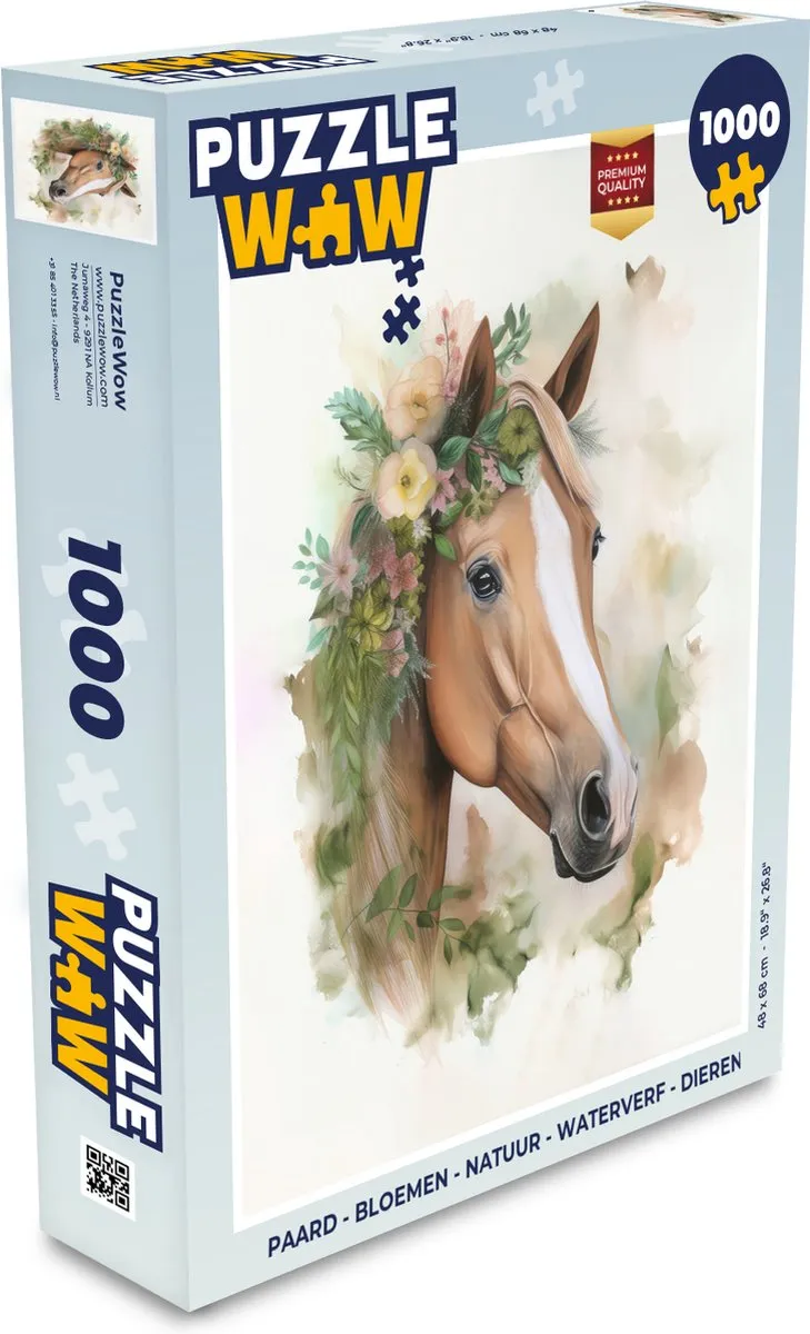 PuzzleWow Paard Bloemen Natuur Waterverf Legpuzzel 1000 Stuks - Multicolor