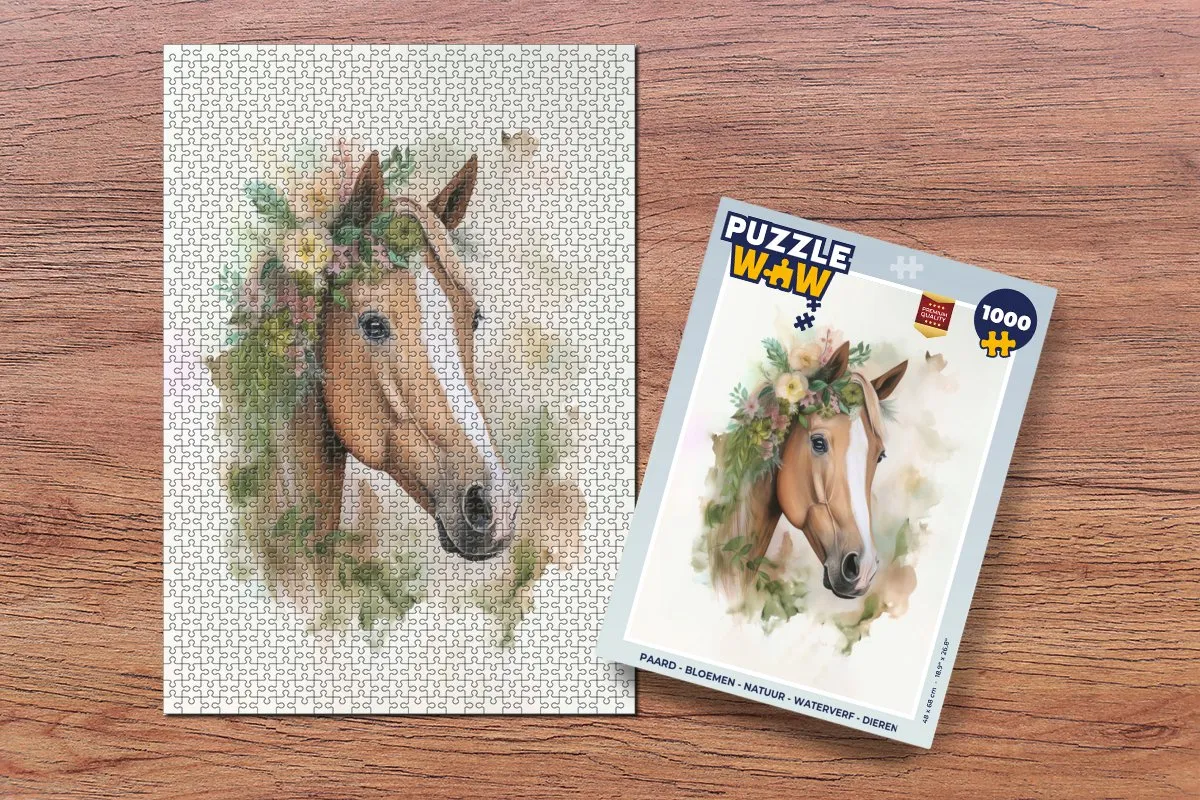 PuzzleWow Paard Bloemen Natuur Waterverf Legpuzzel 1000 Stuks - Multicolor