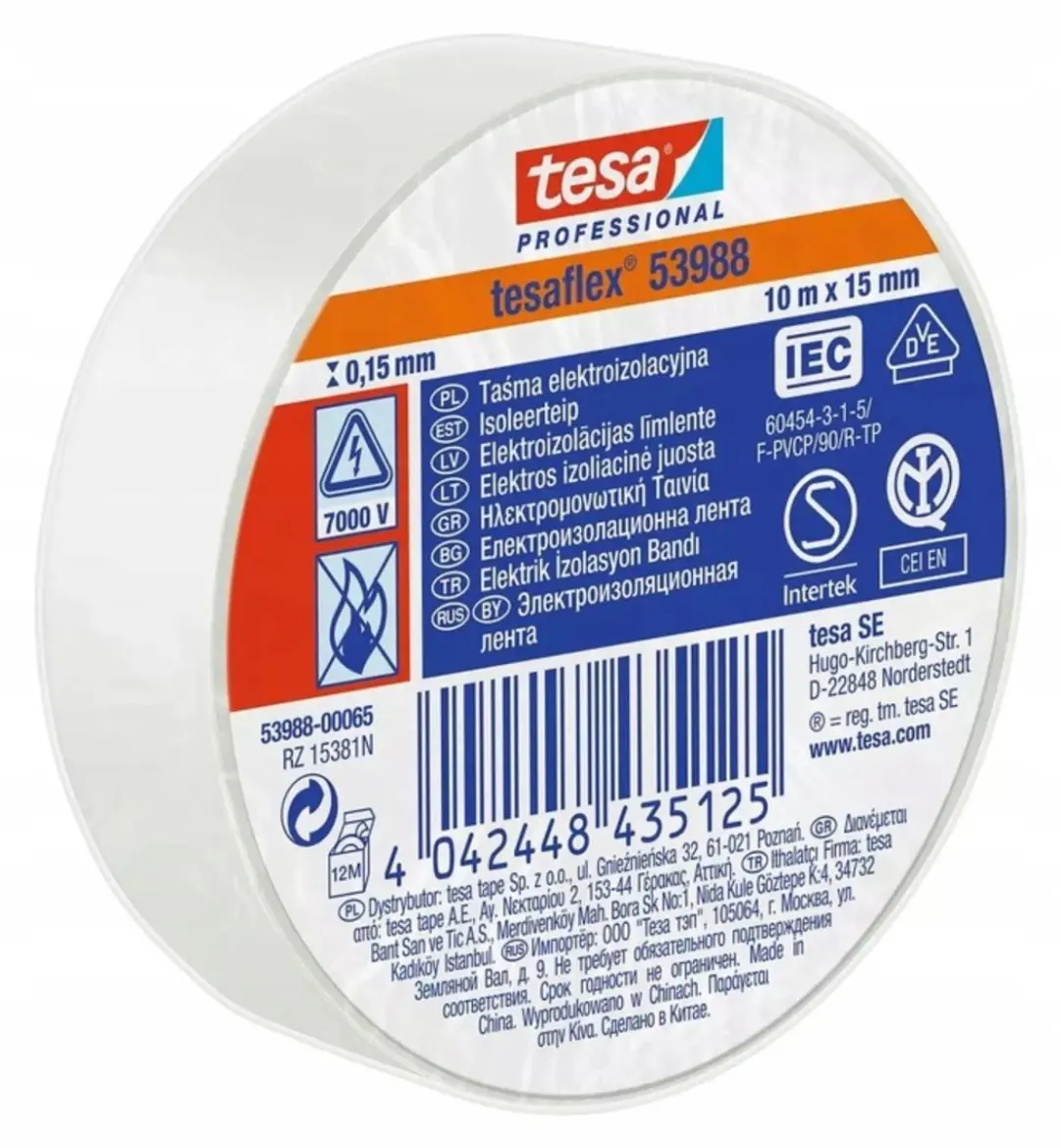 Tesa PVC Isolatietape 10m x 15mm - Wit - afbeelding 2 van 5