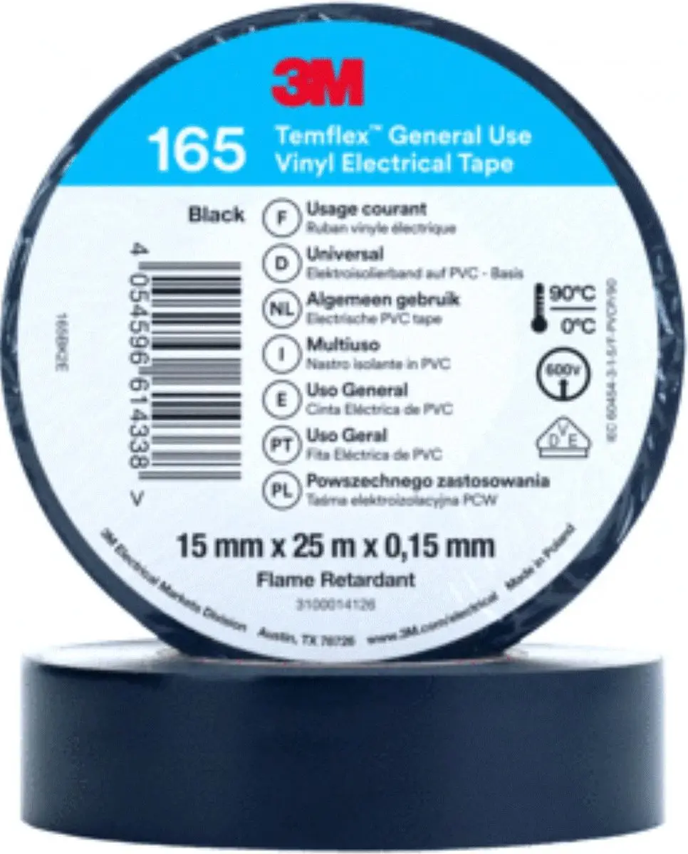 3M Temflex 165 Vinyltape 19mm x 20m - Zwart - afbeelding 2 van 2