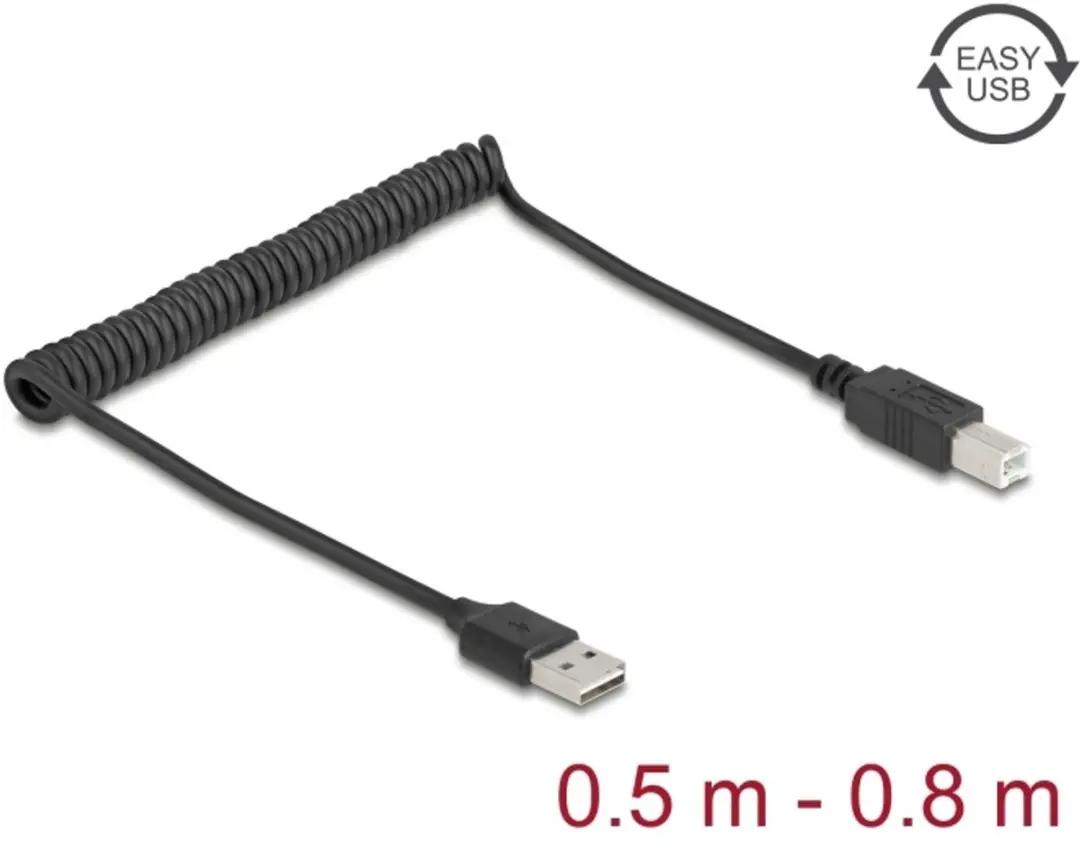 Delock Coiled Cable EASY-USB 2.0 Type-A male to USB Type-B male 0.5 m to 0.8 m b