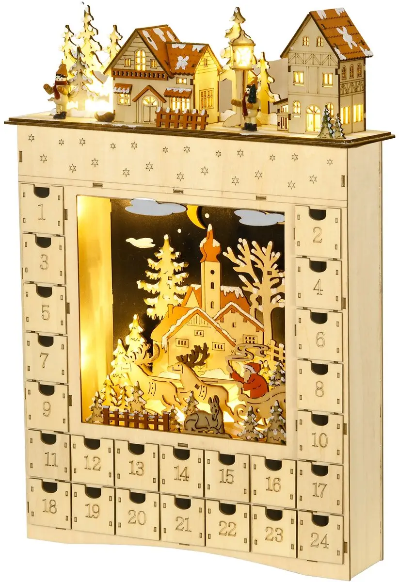 HOMCOM Kerst Adventskalender Meerlaagsplaat 36L x 9B x 52H cm Natuurhout