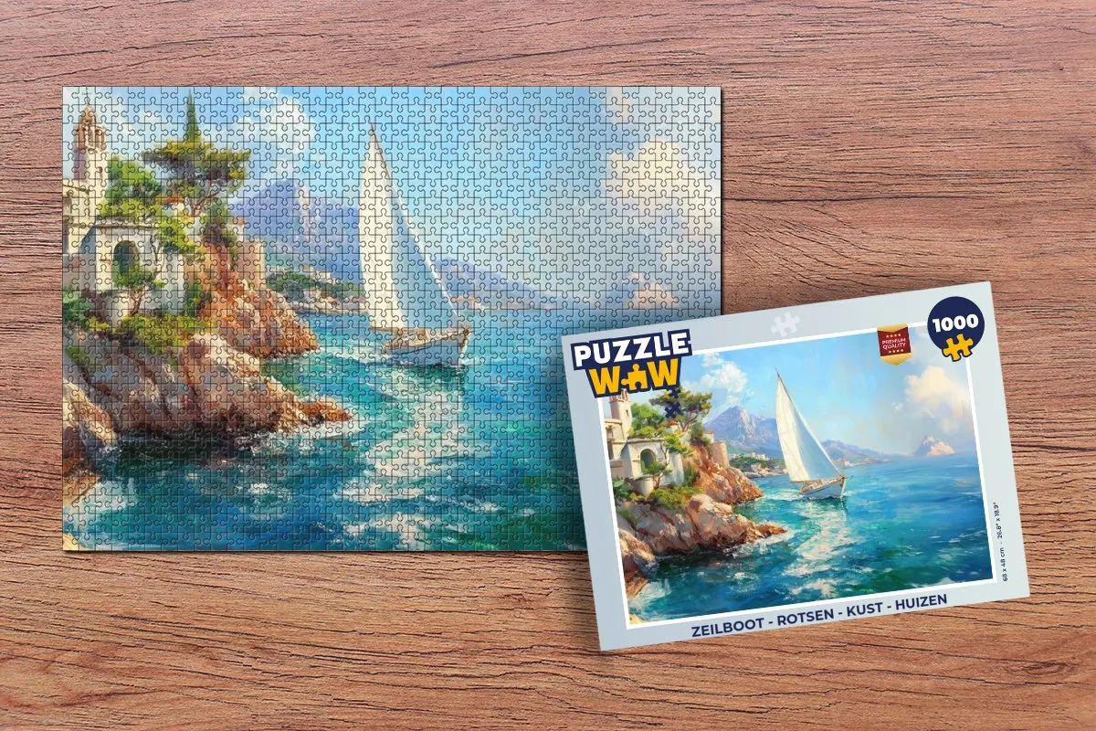PuzzleWow Zeilboot Legpuzzel 1000 Stuks - Rotsen/Kust/Huizen