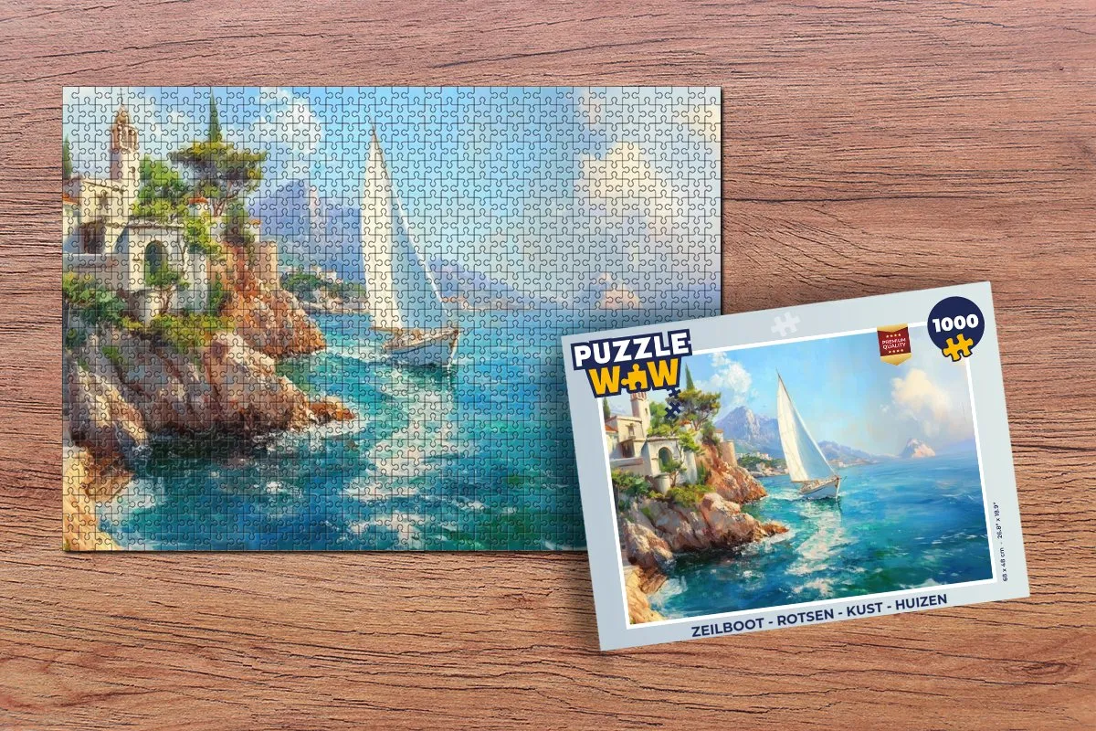 PuzzleWow Zeilboot Legpuzzel 1000 Stuks - Rotsen/Kust/Huizen