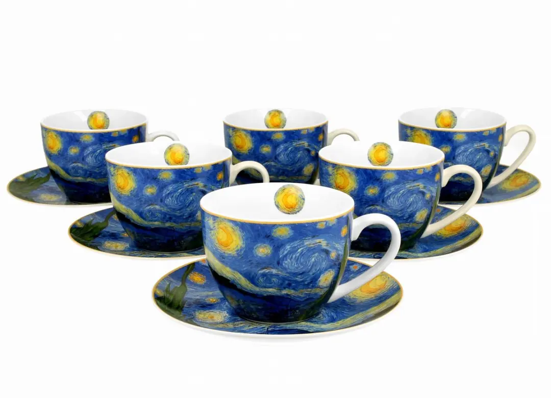 6x Van Gogh Sterrennacht Kopjes 280ml met Schotels Porselein