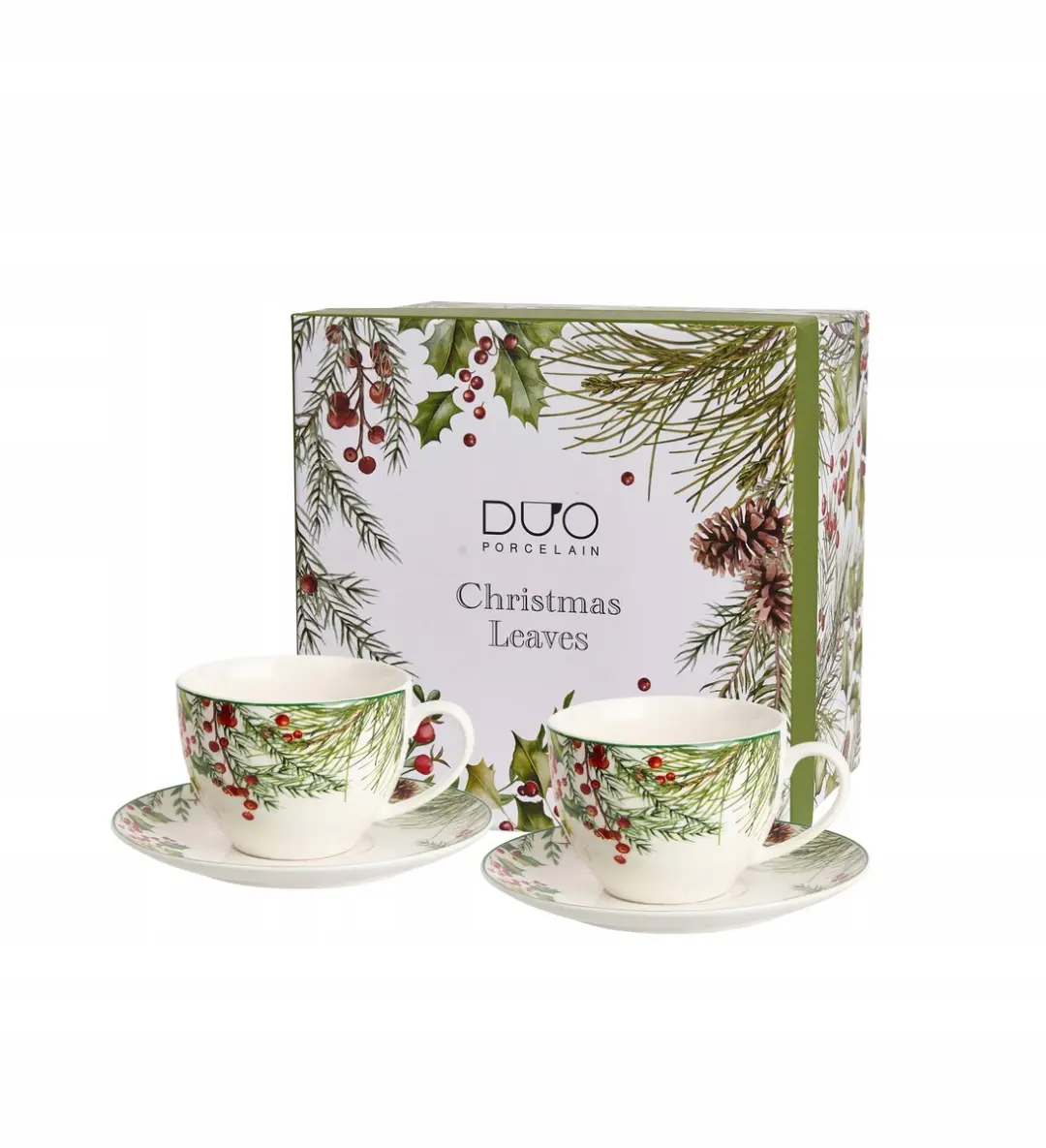DUO 2 Keramiek Mokken met Schotels KERSTBLADEREN