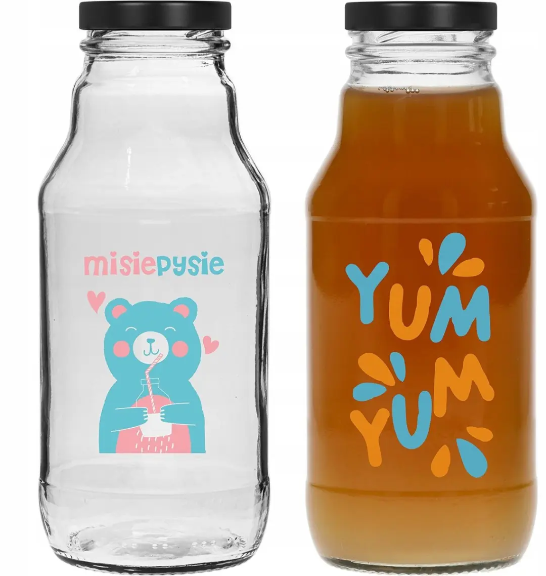 6x 330 ml glazen flessen met "Misie Pysie" gedrukt op de voorkant van Juice