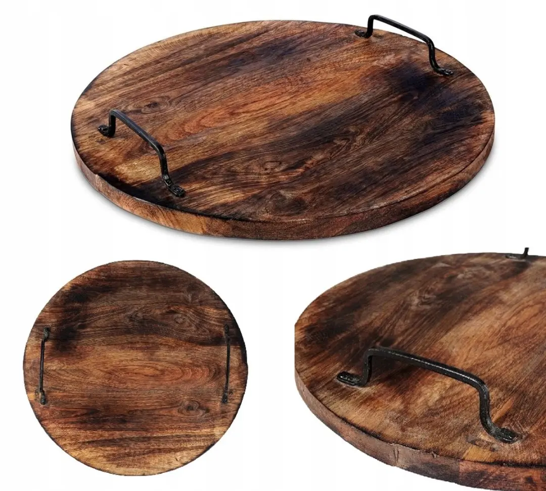 Ronde serveerschaal 39cm met metalen handvatten, mangohout, loftstijl