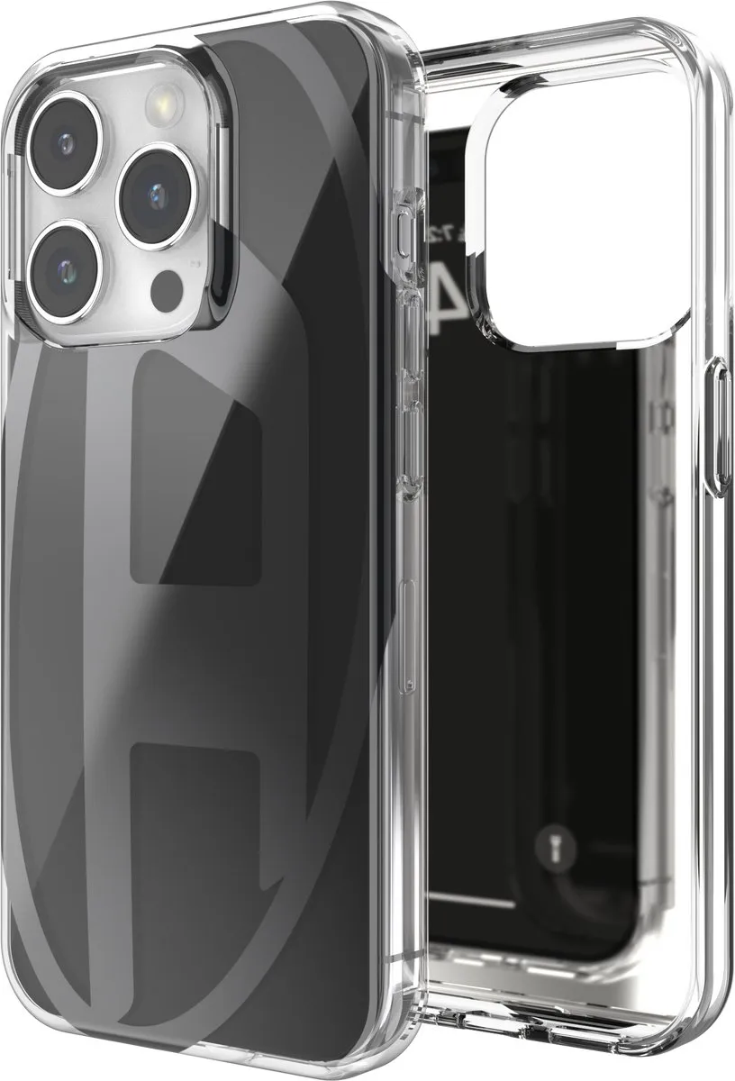 Diesel Spiegelend Telefoonhoesje iPhone 15 Pro – Zwart – Spiegel – Valbescherming tot 2 Meter – Draadloos Opladen – Shockproof – Backcover – Origineel Diesel Accessoire met D-Logo