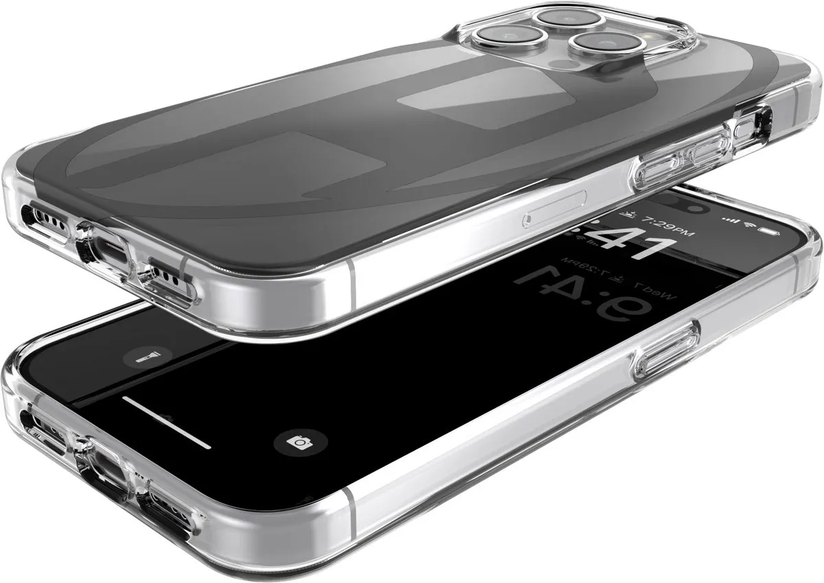 Diesel Spiegelend Telefoonhoesje iPhone 15 Pro – Zwart – Spiegel – Valbescherming tot 2 Meter – Draadloos Opladen – Shockproof – Backcover – Origineel Diesel Accessoire met D-Logo